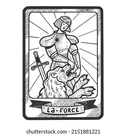 Tarot playing card Force sketch engraving vector illustration. T-shirt apparel print design. Scratch board imitation. Black and white hand drawn image.