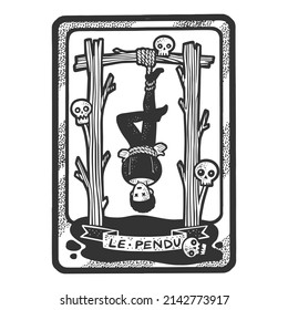Tarot playing card hanged sketch engraving vector illustration. T-shirt apparel print design. Scratch board imitation. Black and white hand drawn image.