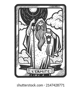 Tarot playing card hermit sketch engraving vector illustration. T-shirt apparel print design. Scratch board imitation. Black and white hand drawn image.