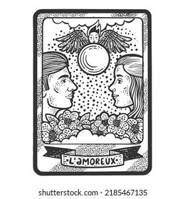 Tarot playing card The Lovers sketch engraving vector illustration. T-shirt apparel print design. Scratch board imitation. Black and white hand drawn image.
