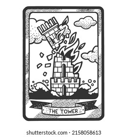 Tarot playing card Tower sketch engraving vector illustration. T-shirt apparel print design. Scratch board imitation. Black and white hand drawn image.