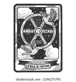 Tarot playing card wheel of fortune sketch engraving vector illustration. T-shirt apparel print design. Scratch board imitation. Black and white hand drawn image.