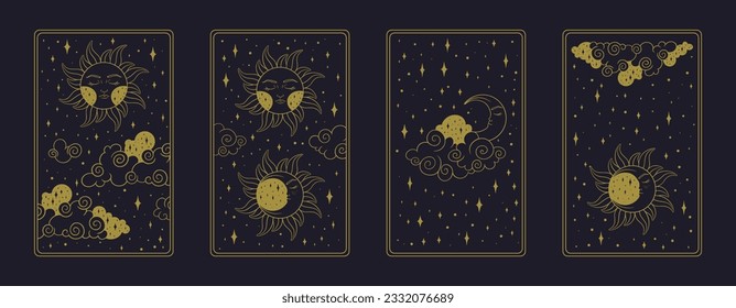 Tarot poster with astrological and celestial symbols. Aesthetic tarot design for oracle card covers. Vector illustration isolated in blue background