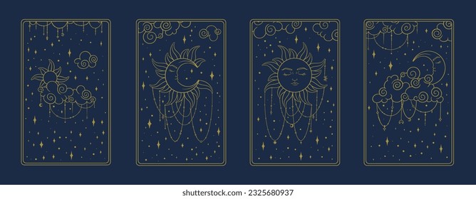 Tarot poster with astrological signs. Aesthetic tarot design for oracle card covers. Vector illustration isolated in blue background