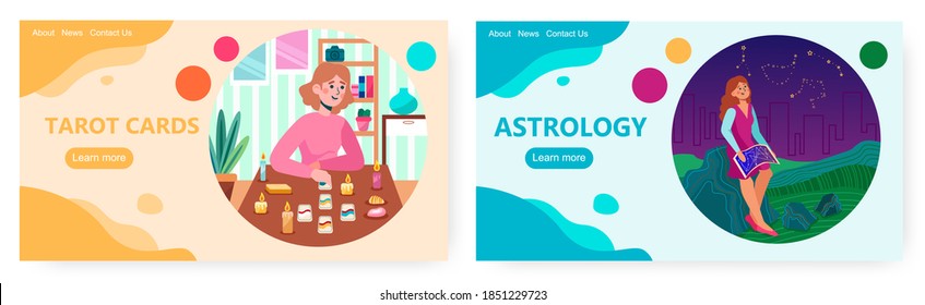 Tarot reader or fortune teller reading and forecasting future using tarot card. Astrology vector concept illustration. Woman watching night stars using sky map. Web site design template