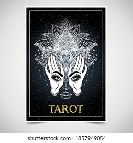 Tarot reader, fortuneteller, spiritual coach, mystic healer business card design template. Vector illustration. Magic woman.