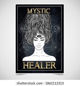 Tarot Reader, Fortuneteller, Spiritual Coach, Mystic Healer Business Card Design Template. Vector Illustration. Magic Woman.