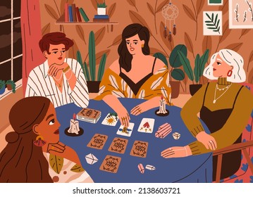 Tarot reader, fortuneteller spreading and reading cards on table. Women gathered for divination with taro deck. Fortune teller, soothsayer telling future. Esoteric party. Flat vector illustration