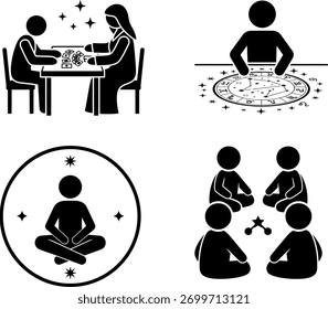 Tarot Reading, Astrology Chart, and Group Meditation Stick Figures Icon Set