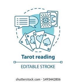 Tarot reading concept icon. Fortune telling, divination, future prediction idea thin line illustration. Speech bubbles, playing and clairvoyant cards vector isolated outline drawing. Editable stroke