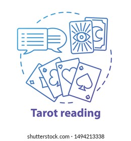 Tarot reading concept icon. Fortune telling, divination and cartomancy idea thin line illustration. Future prediction. Speech bubbles, playing and clairvoyant cards vector isolated outline drawing