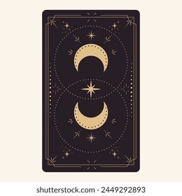 Tarot reverce border card frame gold line border celelstial mystery esoteric decoration with stars and moon. Magic sacred cover