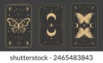 Tarot reverce border magic sacred cover card frame gold line border celelstial mystery esoteric decoration with moth stars and moon on dark background.