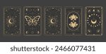 Tarot reverce border magic sacred cover card frame gold line border celelstial mystery esoteric decoration with moth stars and moon on dark background.