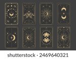 Tarot reverce border magic sacred cover card frame gold line border celelstial mystery esoteric decoration with moth stars and moon on dark background.