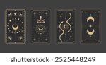 Tarot reverce border magic sacred frame gold line border celelstial mystery esoteric cover card decoration with snake stars and moon on dark background.