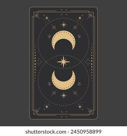 Tarot reverce border magic sacred cover card frame gold line border celelstial mystery esoteric decoration with stars and moon on dark background.