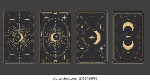 Tarot reverce border magic sacred cover card frame gold line border celelstial mystery esoteric decoration with stars and moon on dark background.