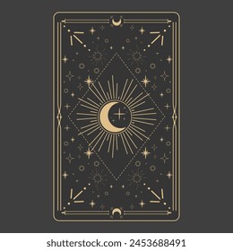 Tarot Reverce Grenze Magische Heilige Deckkarte Rahmen Gold Linie Grenze Himmelsgeheimnis Esoterische Dekoration mit Sternen und Mond auf dunklem Hintergrund.