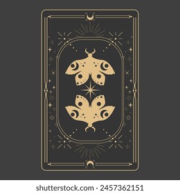 Tarot reverce border magic sacred cover card frame gold line border celelstial mystery esoteric decoration with moth stars and moon on dark background.