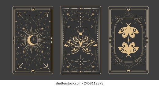 Tarot reverce border magic sacred cover card frame gold line border celelstial mystery esoteric decoration with moth stars and moon on dark background.