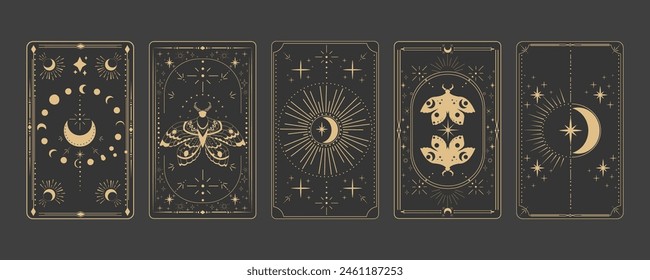 Tarot Reverce Grenze Magische Heilige Deckkarte Rahmen Goldlinie Grenze Himmelsgeheimnis Esoterische Dekoration mit Mottenstern und Mond auf dunklem Hintergrund.