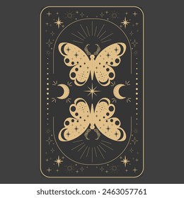 Tarot reverce border magic sacred cover card frame gold line border celelstial mystery esoteric decoration with moth stars and moon on dark background.