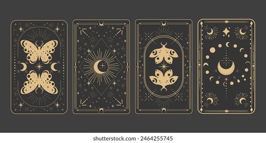 Tarot reverce border magic sacred cover card frame gold line border celelstial mystery esoteric decoration with moth stars and moon on dark background.