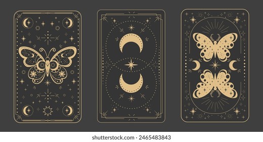 Tarot reverce border magic sacred cover card frame gold line border celelstial mystery esoteric decoration with moth stars and moon on dark background.