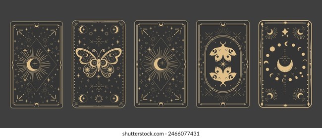 Tarot reverce border magic sacred cover card frame gold line border celelstial mystery esoteric decoration with moth stars and moon on dark background.