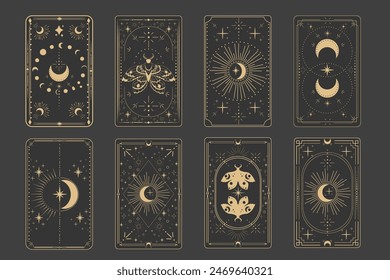 Tarot reverce border magic sacred cover card frame gold line border celestial mystery decoración esotérica con estrellas de polilla y luna sobre fondo oscuro.