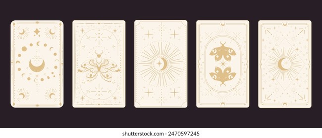 Tarot reverce border magic sacred cover card frame gold line border celelstial mystery esoteric decoration with moth stars and moon on dark background.