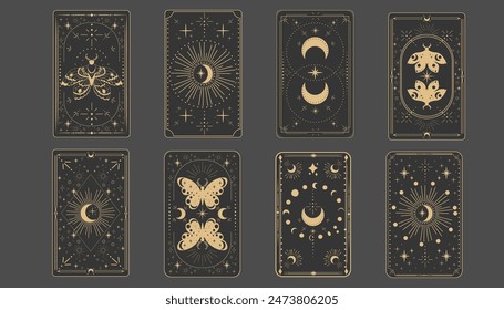 Tarot reverce border magic sacred cover card frame gold line border celelstial mystery esoteric decoration with moth stars and moon on dark background.