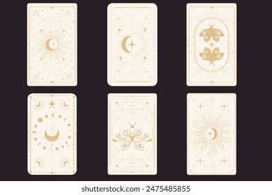 Tarot reverce border magic sacred cover card frame gold line border celelstial mystery esoteric decoration with moth stars and moon on dark background.