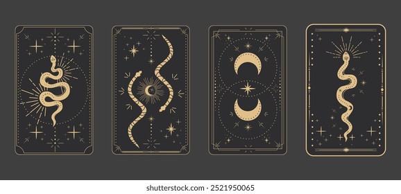 Tarot reverce borda mágica quadro sagrado linha de ouro borda mistério celelstial esotérico cartão decoração com estrelas de cobra e lua em fundo escuro.