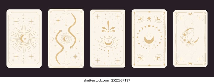 Tarot reverce border magic sacred frame gold line border celelstial mystery esoteric cover card decoration with snake stars and moon on dark background.