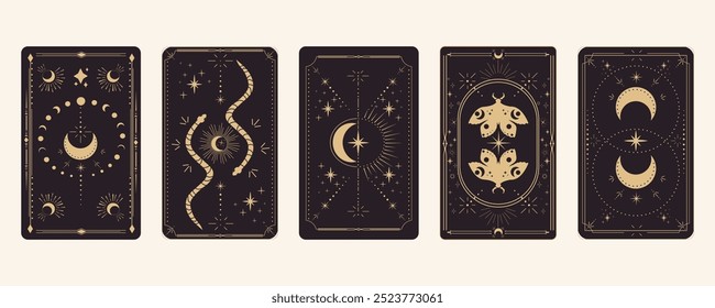 Tarot reverce border magic sacred frame gold line border celelstial mystery esoteric cover card decoration with snake moth stars and moon on dark background.