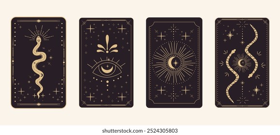 Tarot reverce borda mágica quadro sagrado linha de ouro borda mistério celelstial esotérico cartão decoração com estrelas de cobra e lua em fundo escuro.