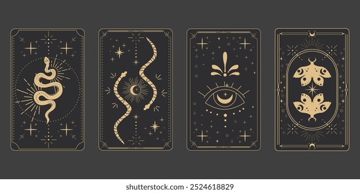 Tarot reverce border magic sacred frame gold line border celelstial mystery esoteric cover card decoration with snake stars and moon on dark background.