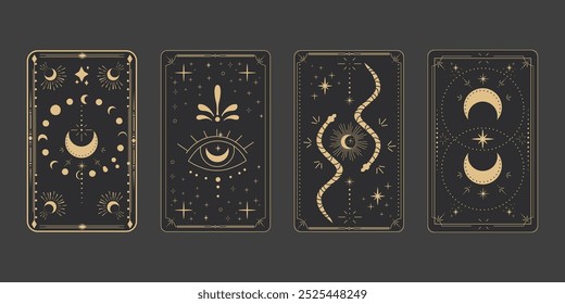 Tarot reverencia frontera mágica marco sagrado línea de oro frontera celestial misterio esotérico decoración de la tarjeta de cubierta con estrellas de serpiente y luna sobre fondo oscuro.