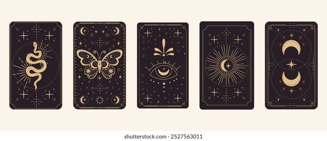 Tarot reverce border magic sacred frame gold line border celelstial mystery esoteric cover card decoration with snake stars and moon on dark background.