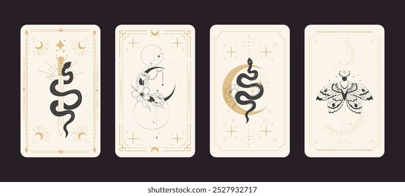 Tarot Verehrung Grenze magisch heiligen Rahmen goldenen Linie Grenze celelstial Geheimnis esoterischen Abdeckung Karte Dekoration mit Schlange Sterne und Mond auf dunklem Hintergrund.