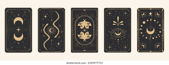 Tarot reverce borda mágica quadro sagrado linha de ouro borda mistério celelstial esotérico cartão decoração com estrelas de cobra e lua em fundo escuro.