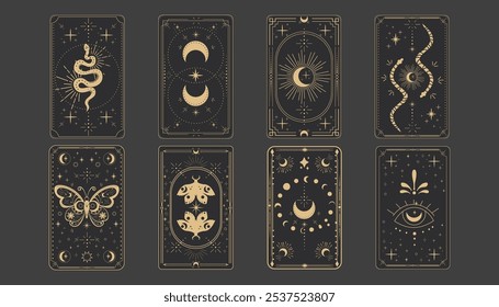 Tarot reverce border magic sacred frame gold line border celelstial mystery esoteric cover card decoration with snake stars moth moon on dark background.