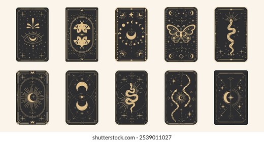 Tarot reverencia frontera mágica marco sagrado línea de oro frontera celestial misterio esotérico decoración de la tarjeta de cubierta con estrellas de serpiente y luna sobre fondo oscuro.