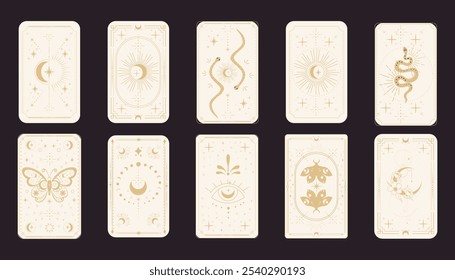 Tarot reverce border magic sacred frame gold line border celelstial mystery esoteric cover card decoration with snake stars and moon on dark background.