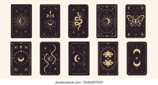 Tarot reverce border magic sacred frame gold line border celelstial mystery esoteric cover card decoration with snake stars and moon on dark background.