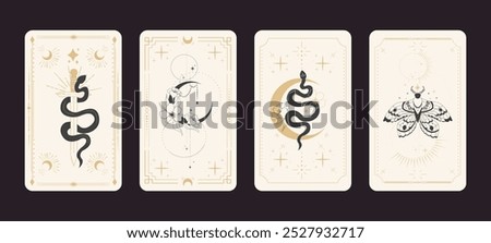 Tarot reverce border magic sacred frame gold line border celelstial mystery esoteric cover card decoration with snake stars and moon on dark background.