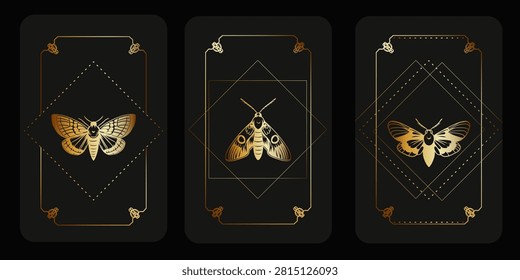 Tarot reverse card deck. Divination aesthetic. Occult Covers for tarot design. Luxury frames with Golden moth and butterfly isolated in dark background.