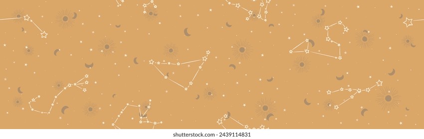 Tarot seamless pattern with beige constellations and stars on a brown background. Mystical esoteric boho background for astrology wrapping paper. Vector illustration of decorative ornament